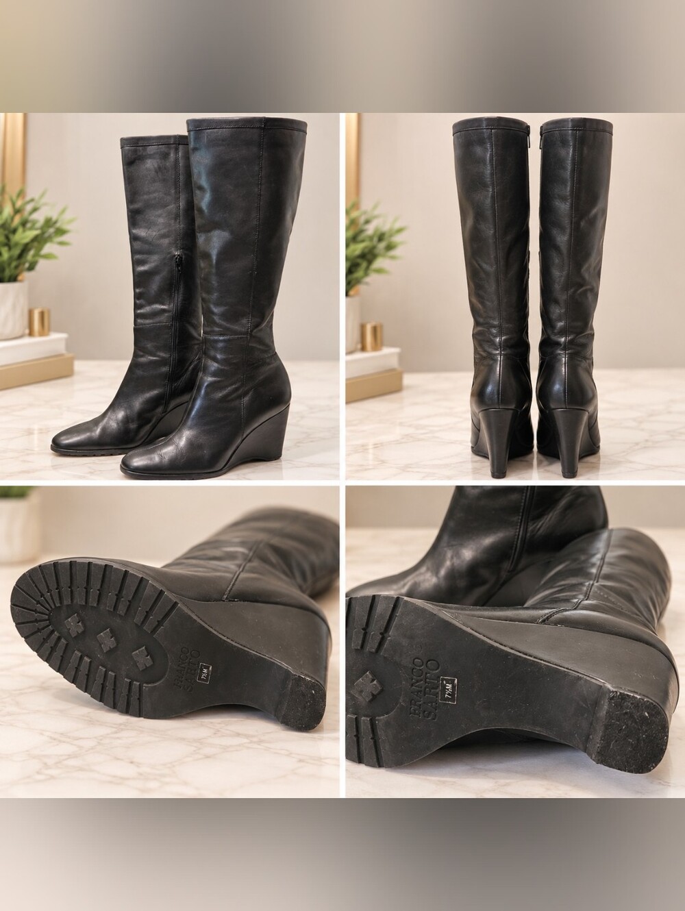 Franco Sarto Black Leather Knee High Wedge Boots Size 7.5M